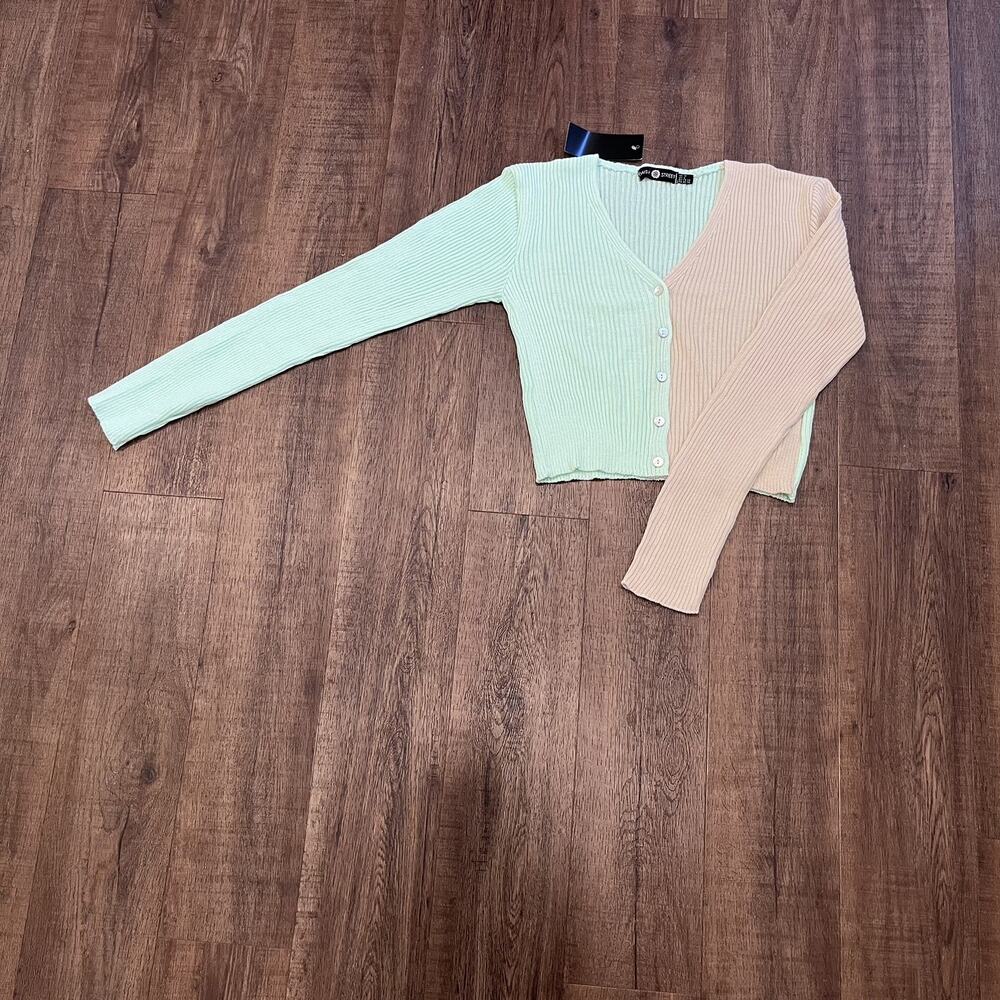 NWT Daisy Street 90's Fitted Contrast / Color Block Cardigan Green & Tan Size 6